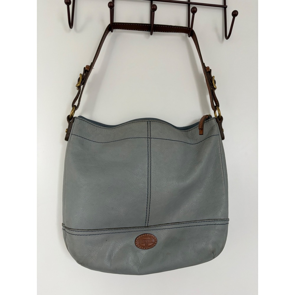 Fossil Blue Gray Pebbled Leather Hobo Shoulder Bag Brown Straps Brass Hardware